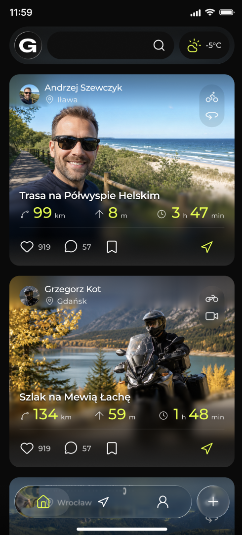 Zrzut ekranu aplikacji Gravity — feed z trasami, statystykami i reakcjami społeczności