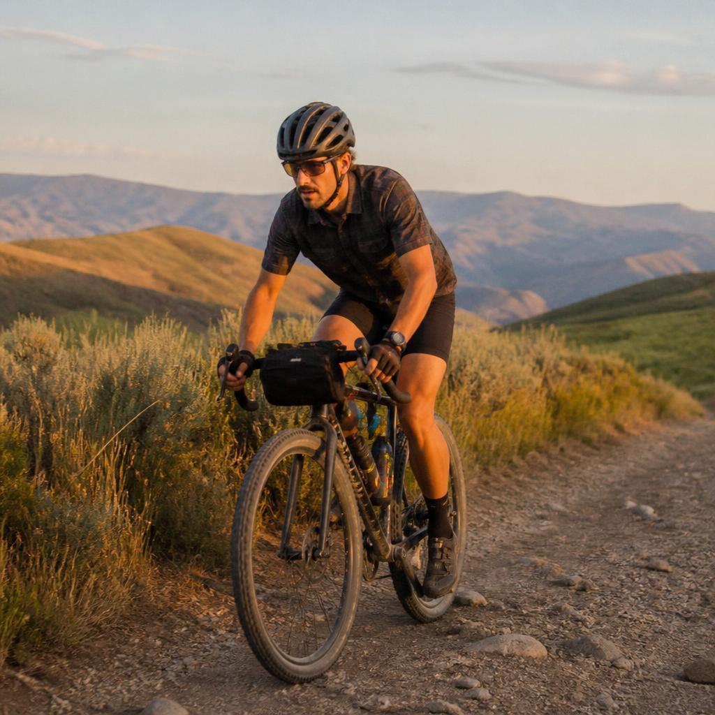Rowerzysta gravel/MTB na szutrowym szlaku w górach