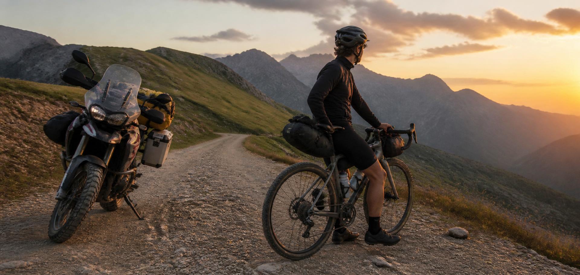 Motocykl adventure i rowerzysta gravel w tym samym górskim krajobrazie o zachodzie słońca